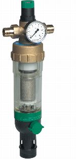 Filter combination with reverse rinsable fine filter, clear filter bowl and balanced-seat pressure reducing valve, FK09S
